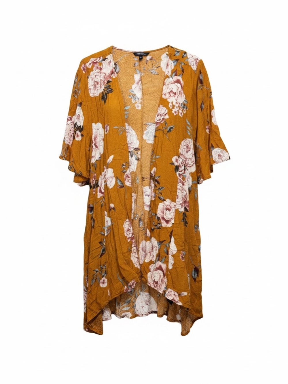 George Mustard Floral Open-Front Cardigan Boho Medium Flutter Sleeve